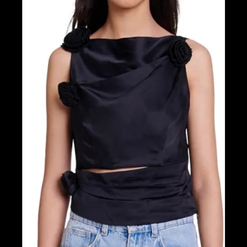 Maje Black Satin Floral Appliqué Sleeveless Crop Top